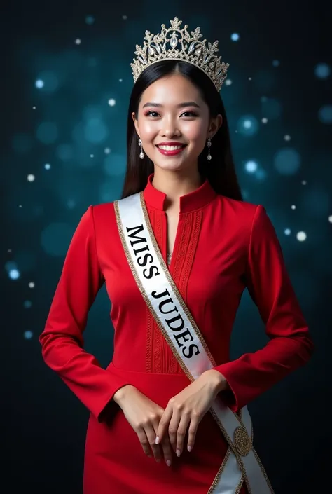  Photo of young female model in Malay style smiling , light skin Indonesian red dress both hands on the waist , wears a sash inscribed  "MISS JUDES 2025"  smiling facing the front , diamond accessories ,  crown diamond model ,  black combination blue backg...