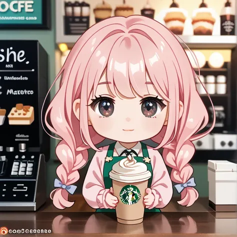 (1 Chibi Girl, Alone:1.3), cute,  Big Lowered Eyes , ( dark eyes:1.1), ( pastel pink hair :1.1), 


，(  Masterpiece  ,  top quality,  super detailed:1.2),solo,  1 girl ,  dynamic angle ，

Bangs braids,  hair over ears , Straight Hair, 

Offer Starbucks sty...