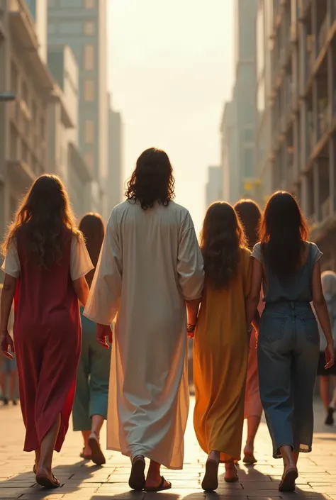 Jesus walking with young people with backs to the camera - modern pic 

