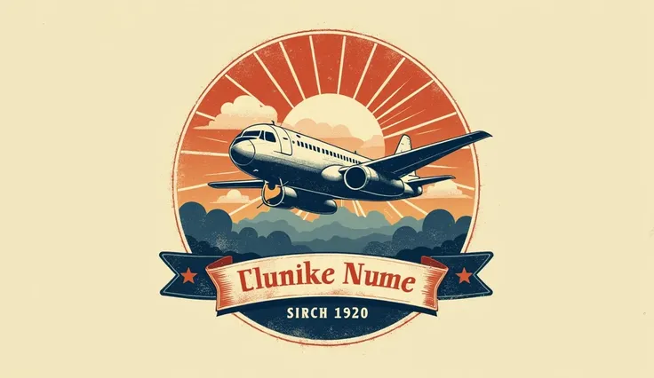 A retro-inspired circular logo with a weathered texture, featuring a bold sans-serif font for the brand name. At its center, a detailed illustration of a vintage airplane in flight is framed by minimalist cloud designs. Surround the airplane with a sunburs...