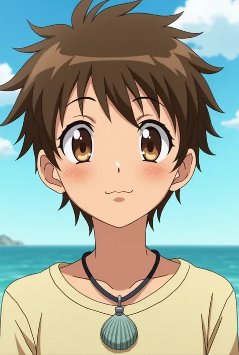  anime-style screenshot Mermaid Melody Pichi Pichi Pich of a 17-year-old boy with light brown skin, brown eyes brown hair ,  wears soft aestetic style clothing and wears a necklace with a seashell-shaped pendant 
