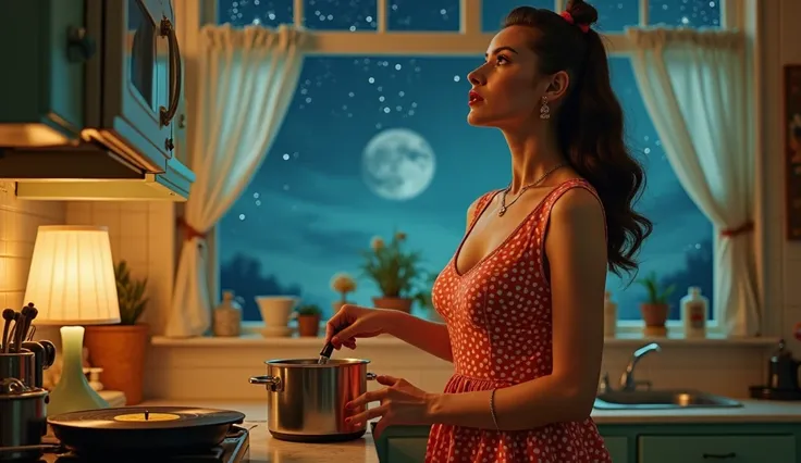 A sexy beautifull and big breast woman in a chic 1950s-style kitchen, wearing a polka-dotted apron over a vintage dress, with a dreamy expression on her face. She’s daydreaming while stirring a pot, her eyes gazing out the window at the night sky, where th...