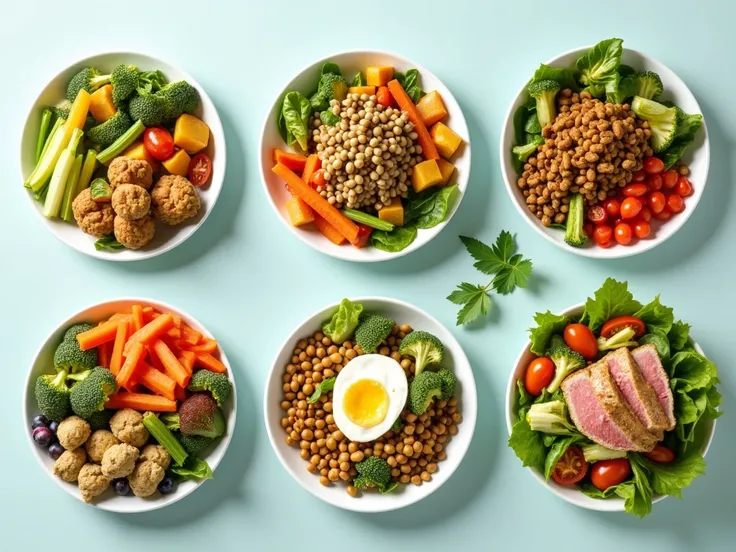 generate these 6 dishes in one image: Veggie-Packed Salads Veggie and Hummus Wrap Broth-Based Vegetable Soup Greek Yogurt Parfait Egg White and Vegetable Frittata Tuna and White Bean Salad
