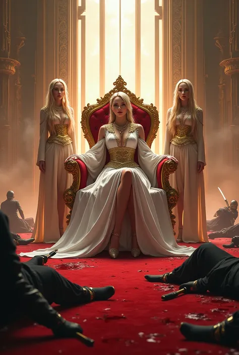 Hight quality, realistic, A very beautiful woman queen, queen sitting chair, Ninja s were scattered everywhere covered in blood, 2 female guarding the queen, a very large and very futuristic palace, 2 female guards stood firmly on the right and left side o...