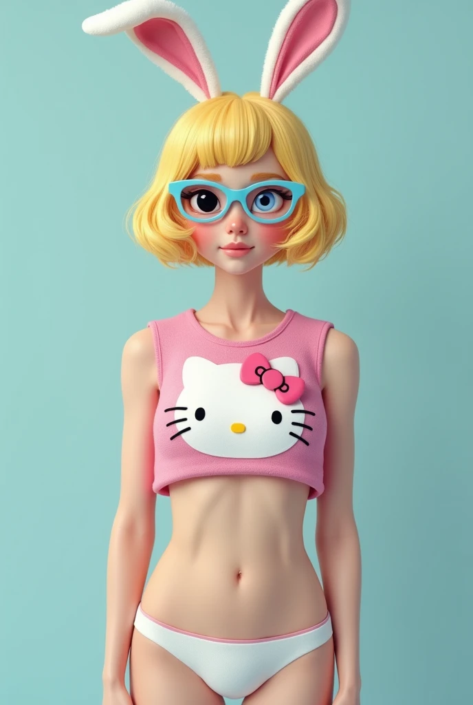 One with short blonde hair, full.body, She has glasses with blue rabbit ears, your eye is black! Her outfit is a Hello Kit crop top, with white under-wear