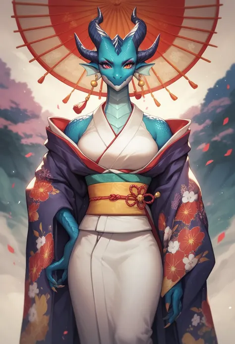 Anime Figure, draconid , female, dragon body , Dragon scales, femalees Drachengesicht, Sweet, Pretty face, full view,  kimono