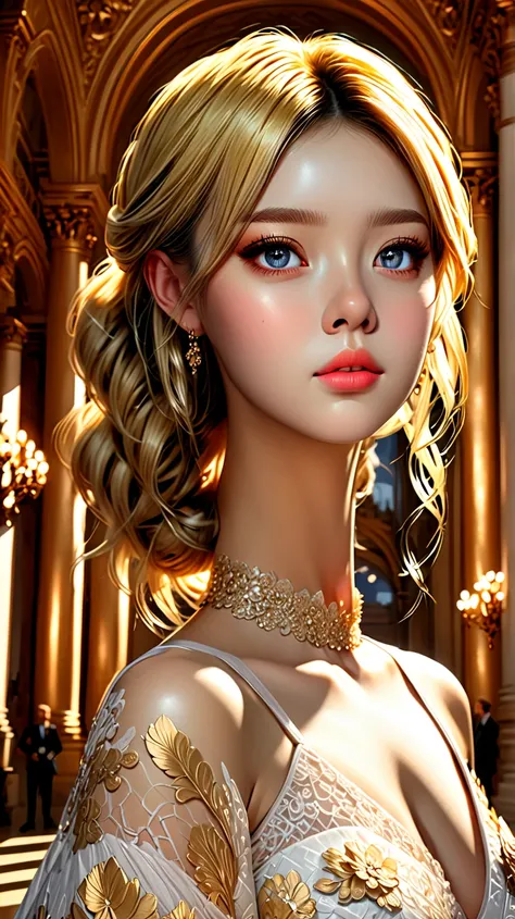 (1girl, statuesque woman, adorable face, golden hair, beautiful hairdo:1.2), (best quality, highres, anime style, digital drawing mode, realistic:1.1), piercing grey eyes, glowing radiant skin, breasts, wearing lace gown with ornate golden accents, standin...