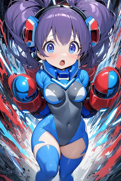 1girl,,dark purple hair,twintails,medium breasts,red ribbon, drooping eyes,blue eyes,big eyes,,loli,, medium_breasts ,open mouth,highleg leotard,gray leotard,long sleeves,blue sleeves,blue groves, double soul (mega man) ,blue_over_thighhighs, ((arms_behind...