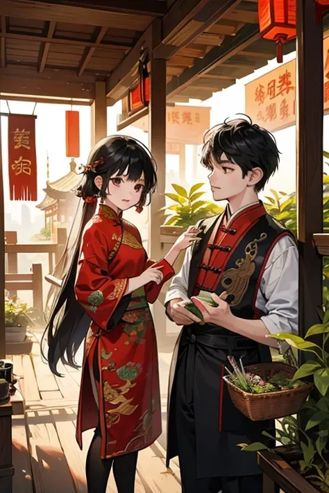  Ancient Chinese style, young boy ages 9 and young girl ages 9, 2 characters, wearing ancient Chinese costumes, both are merchants and traders, the background is a herbal stall, picking herbs from the stall, black hair, young boy, young girl, little 