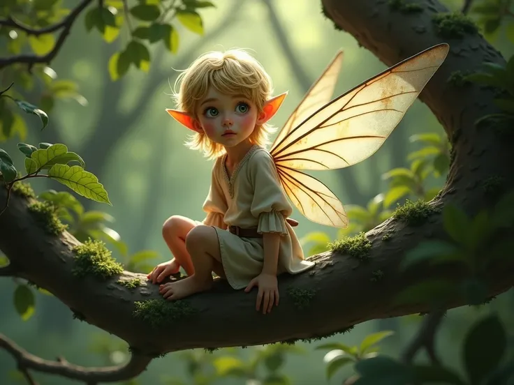 masterpiece,  top quality , boy, a little forest elf with wings ,  sits on a tree branch among leaves,  transparent wings ,  high definition ,  blonde hair , Photo.