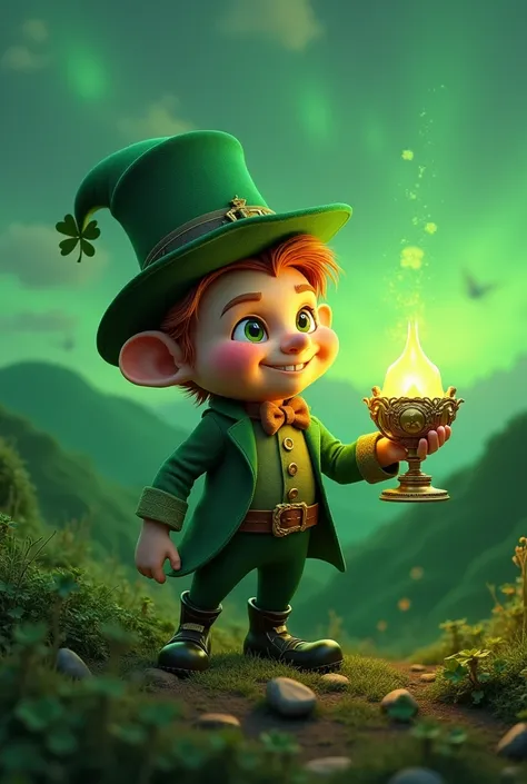 A green leprechaun ,  holding a green lamp that has a green light