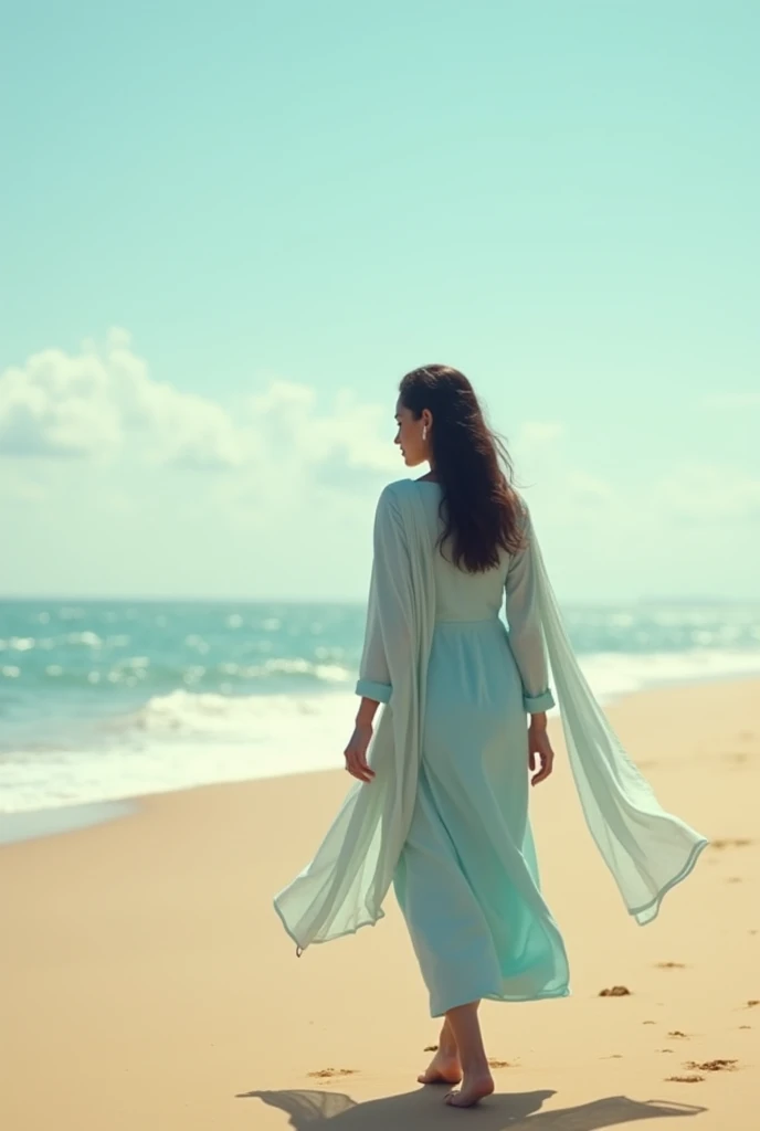 A girls back pose with light blue  kurti with shawl walking in the beach and hearing music via Bluetooth 