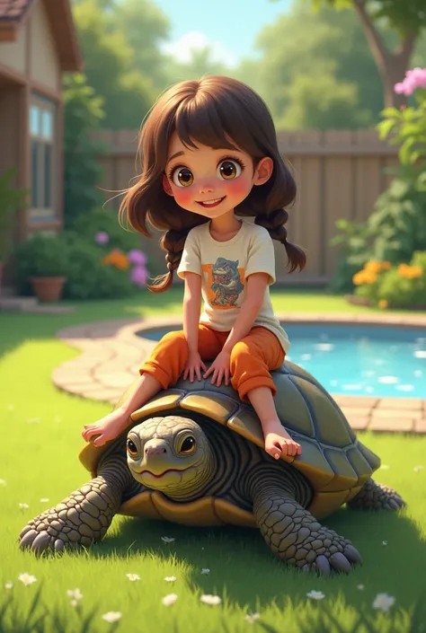  scene of a girl , s ,  wavy hair in braids ,  wearing satin trousers and a picture T-shirt ,  sitting on the shell of a Galapagos turtle ,  cheerful expression ,  background of the backyard of a house with an expanse of green grass,  including a mini pool...