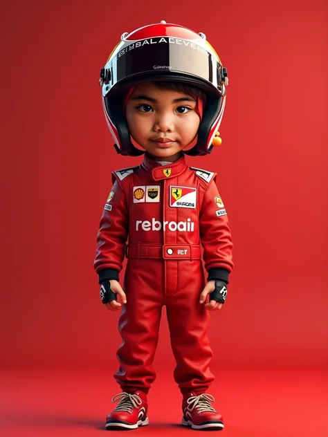 create a  boy wearing a red car racing outfit, wearing a hat, front facing, super realistic, ultra high definition using this image