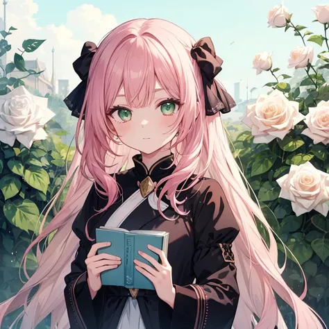 Best Quality,  1 girl, very delicate and beautiful , young,   Brownish Pink hair  ,  green eyes ,  Pinch Your Nose          , ( very young), ((Very beautiful)),  intellectual   ,  White Rose　Books cute anime girl portrait    ,           cute girl anime vis...