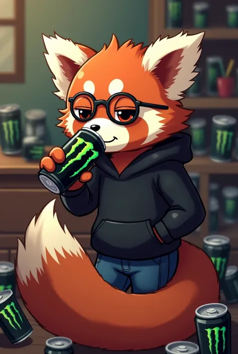 A red panda with fur and fur wearing round glasses is drinking Monster Energy Drink.
The eyes are puffy and there are dark circles under the eyes. The room is filled with empty Monster Energy Drinks.
He is wearing a black hoodie and jeans.
The large, fluff...