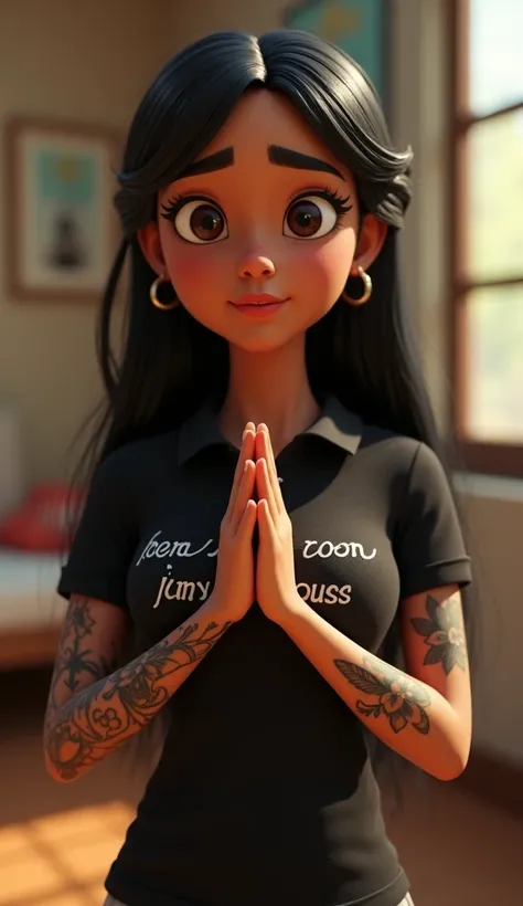 Cartoon characters of a young SHES PRAYING DARK BROWN SKIN LEFT ARM ALL TATTOOED, STRAIGHT, LONG BLACK HAIR, WITH NOSE EARRING AND BLACK POLO SHIRT with text that says "Bom dia com Jesus ", silver animation style rendering, stylized 3D , Arnold rendering M...