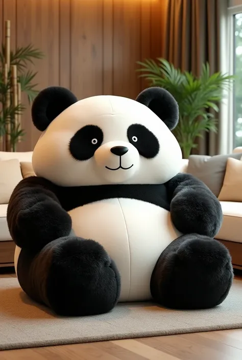 Create an image of a giant lounger designed to resemble a panda, with a large, cuddly panda face forming the backrest. The lounger is oversized, soft, and plush, covered in a fluffy black-and-white fabric mimicking a panda’s fur. The design features rounde...