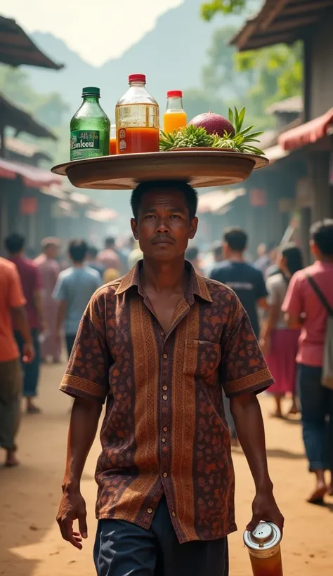 a man, carrying a tray on his head, a koko shirt, a mineral water bottle, a transparent drink cup, tea,,, walking in the crowd in a village in Indonesia, many people