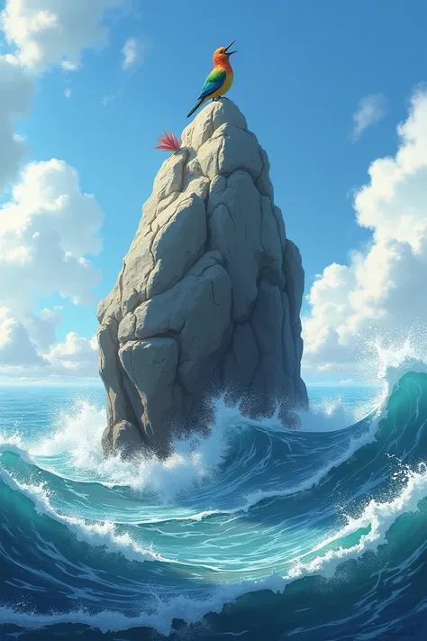 Big rock in the sea with a bird on the top singing while the waves tossed and fro
