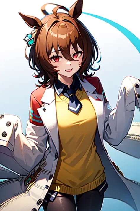  Agnes Tachyon 、Horse Girl、One person、 girl、Horse ears、Horse tail、 earring on one side 、Red eyes、 lines in eyes 、 shorthair、 brown hair 、Jacket、（White coat:1.2)、(bigger sleeve than wrist :1.1)、 yellow big sweater、 ties、 black pantyhose 、Stray hair、best qua...