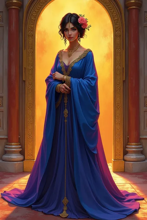 A regal woman standing confidently in front of a grand, ornate golden doorway. The background features intricate carvings and patterns with warm tones of red and gold, giving a majestic and opulent ambiance. The woman is dressed in a flowing blue robe with...