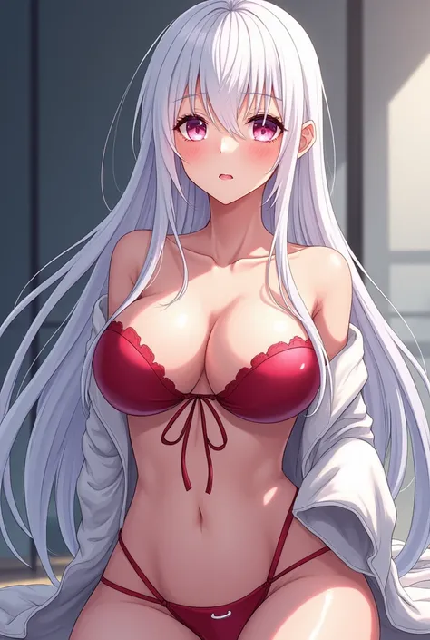 Anime girl.Big boobs,contain 18+ sexualities.Shy face. bitting lips.Long white hair.Clothing are got wet and nippless image is shown