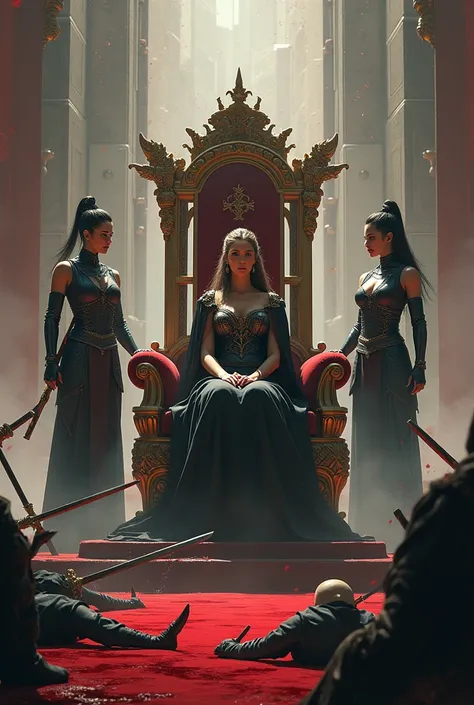 Hight quality, realistic, A very beautiful woman queen, queen sitting chair, Ninja s were scattered everywhere covered in blood, 2 female guarding the queen, a very large and very futuristic palace, 2 female guards stood firmly on the right and left side o...