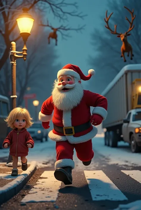  Santa Claus runs across a zebra crossing,   blonde girl standing in front of a street lamp,  Reindeer flying in the sky , Truck in the background , Car with dents 