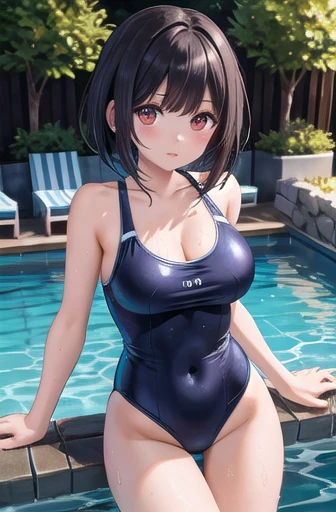 2人の女性が swimsuit姿で水泳Next to the pool立っています, wet  swimsuit, is wearing a  swimsuit,  swimsuit, Next to the pool, Wearing a leotard,  Alena Enami and Lilia Alvarado,  Ayami Kojima and Lydia Caldwell , ilya kuvshinov. 4k yen,  pretty girl in tank suit ,   swim...