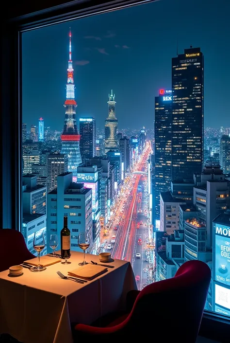 Night view photo taken from the window seat of a high-end restaurant in Tokyo