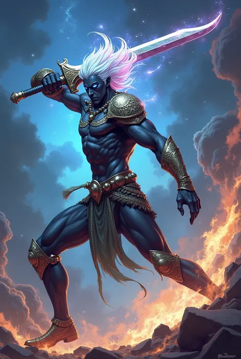 dnd, dungeons and dragons, aasimar, fighter, slender build, average height, star knight, scale mail, strong, muscular, astral, intimidating, solo, single person, action pose, fighting, dark grey skin, dark silver skin, dark purple hair with light blue and ...