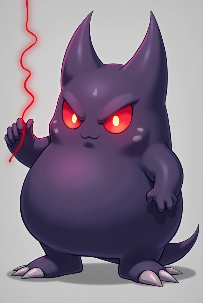 Create gengar who has a red thread in his hand and is not so scary. The thread should be in his hand and with red eyes. Smaller feet and bigger belly and smaller tail .purple and round upper body 