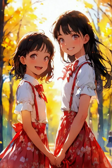 
Elementary School Students, Girls, Dresses, full body, standing, 3girls,Food,  smiles,  skirt flip