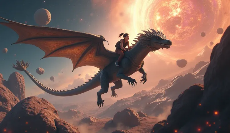 boy rides giant dragon as it flies among asteroids and nebulae to the giant star, cinematic uhd, hyperrealistic, hyperdetailed, intricate, superb quality, vibrant