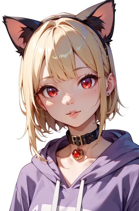  one girl、cute、Blonde、 shorthair、Cat ears the same color as hair、 red eyes、 big eyes、Beautiful eyes、Black collar、plain purple hoodie、 hot pants、 white background 