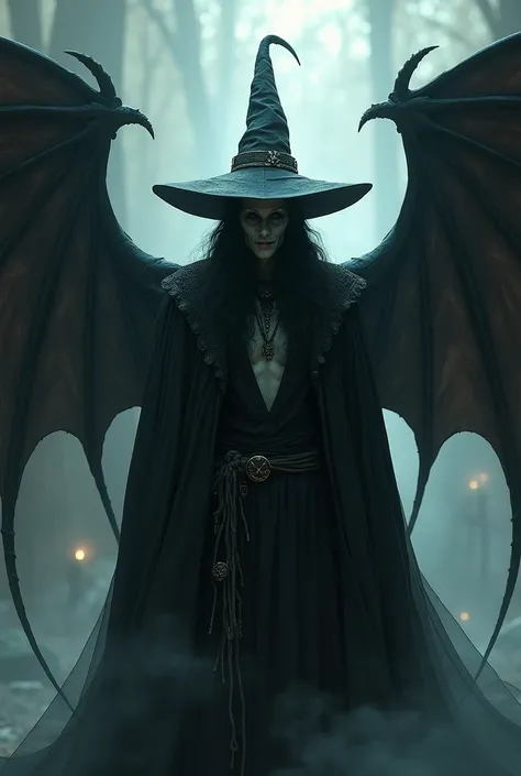 black aura, pale wizard , Exu,  with large and long bat wings, with long-brimmed hat, with smile 