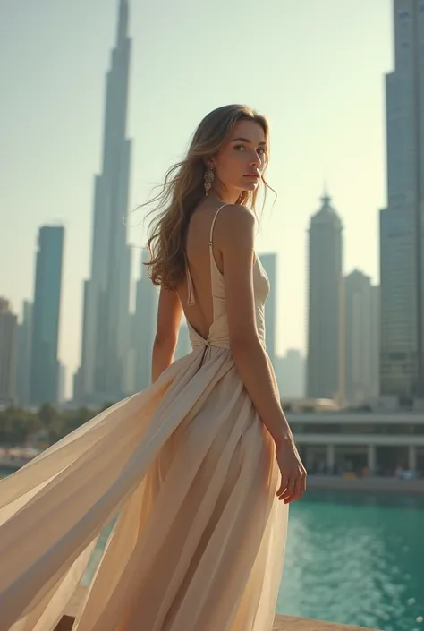 Anna Oginova in Dubai in a long dress