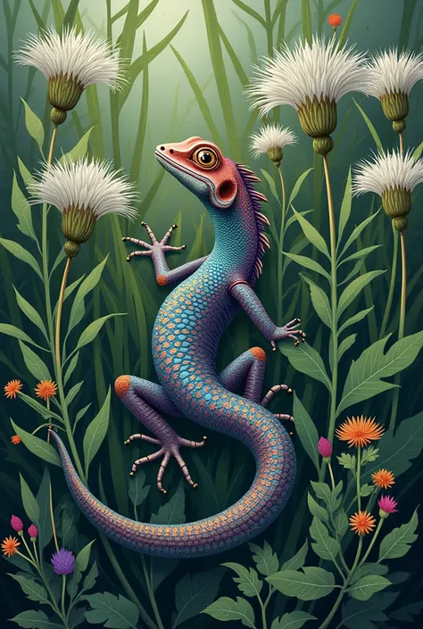 Art style lizard in hogweed thickets