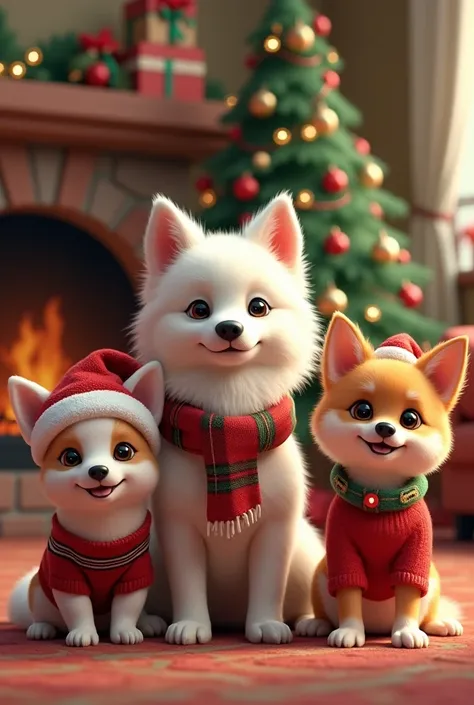 White Japanesse spitz and ginger longhair chihuahua and mini yorkshire terrier Christmas 

