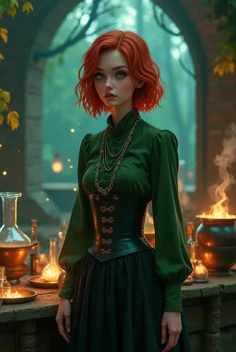  girl , dressed in a dark long skirt,  dark green shirt with a black corset.  Red hair just below the shoulders ,  Green eyes . Potion maker 