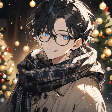   handsome, Alone, 1 male,  medium hair,  black hair, Light Blue Eyes , Black Rim Glasses ，Checked scarf， Christmas tree ，smile