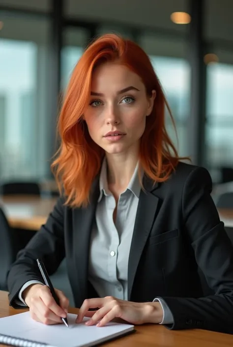 Redheaded Latina with green eyes , In the office using the notebook inside a meeting room image from afar 