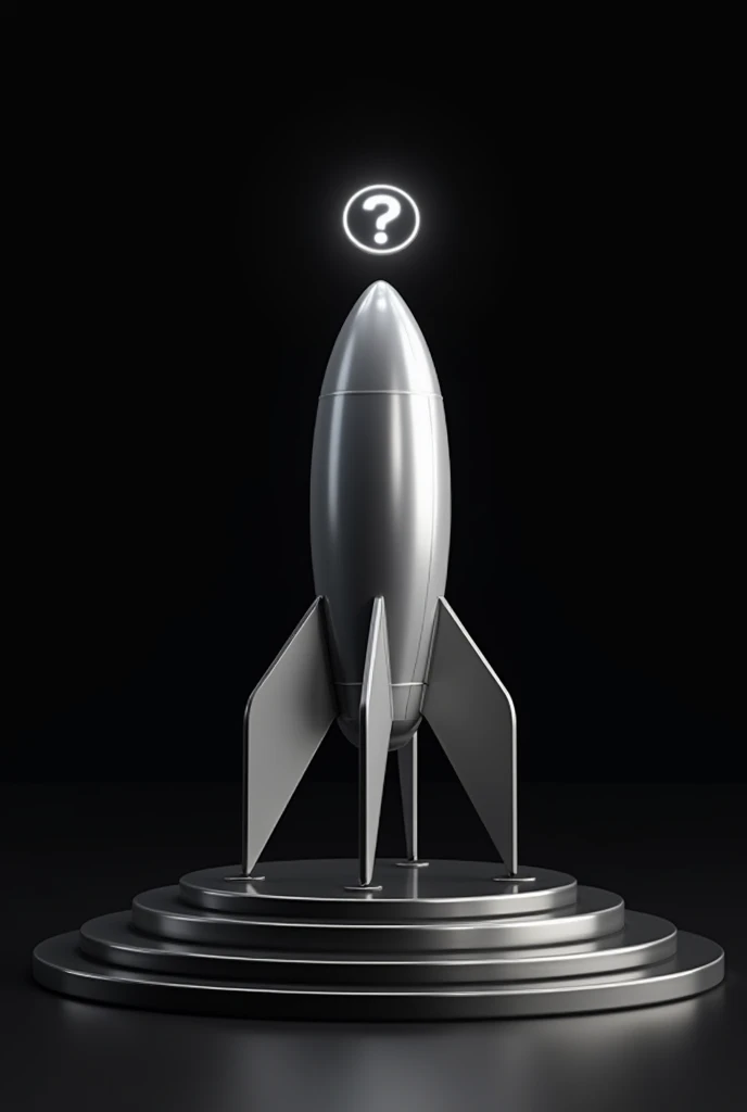 Prompt:
"A detailed image of a sleek, futuristic rocket with a glowing coin featuring a question mark (?) emerging from its top, symbolizing potential and mystery. The rocket is placed on a modern, minimalist pedestal with clean lines, made of polished met...