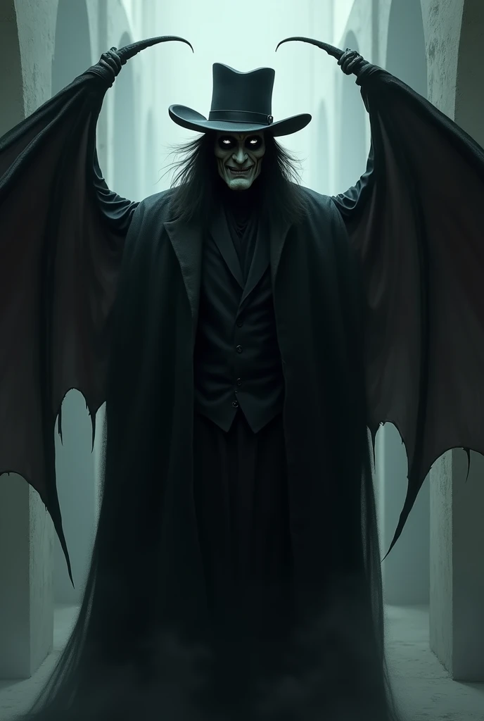  MAN WITH A BLACK AURA, Pale exu ,  with large and long bat wings, with long-brimmed hat, with smile 