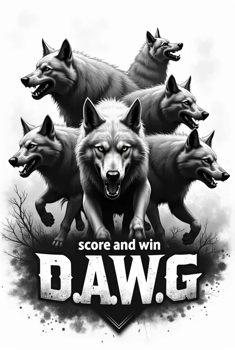 drawing,  black and white , For t-shirt , d.a.W.G., Wolfhound, Steppe, pack, 5 animals , ready to fight,  lettering: Score and Win d.a.W.G. , no human