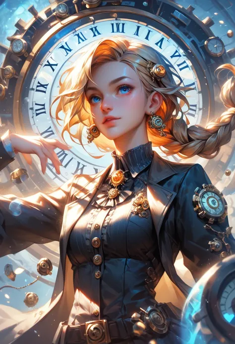 CynthiaPortrait. A surreal anime-style portrait of a young woman with golden braided hair, her body adorned with biomechanical gears and clockwork mechanisms that glow faintly. Her eyes are glowing, spinning clock faces, and her hands are releasing hologra...