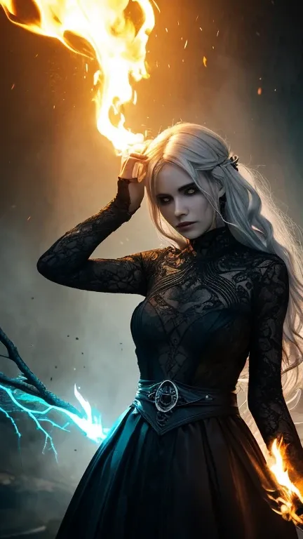 A mysterious and ethereal woman with strikingly blue glowing eyes, framed by intricate black cracks that branch across her pale, porcelain-like skin. Her hair is silvery white, styled in soft waves, contrasting the dark, sinister elements of her appearance...