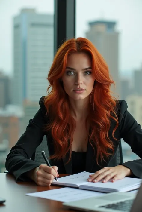 Redheaded Latina with green eyes , In the office using the notebook inside a meeting room image from afar with a background of buildings photo taken from afar taking the office 