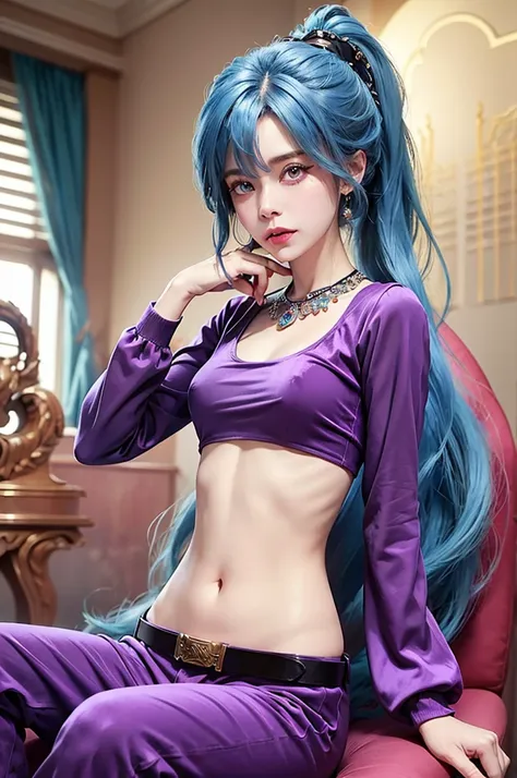 SCHALA, long blue hair, ponytail, purple eyes, long sleeved velvet top, midriff, navel, purple velvet pants, belt, jewels, sit on throne, (rubbing stomach), happy face, royal room, (cinematic lighting, best quality, masterpiece, high details, best quality,...